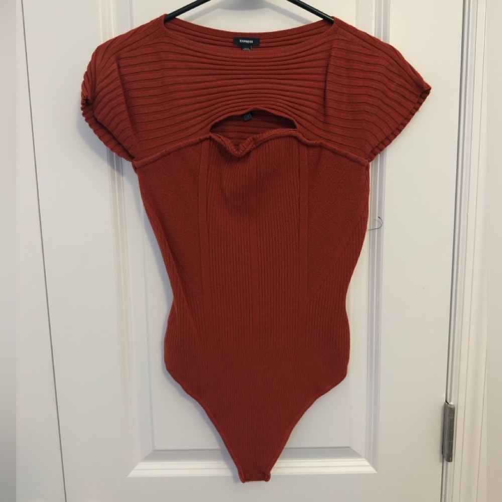 Express Ribbed Cutout Bodysuit in Rust